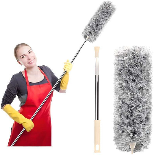 3 In 1 Long Handle Microfiber Feather Ceiling Duster With Extendable Pole 30-100 Inch With Anti Scratch Bendable Head For Cleaning High Cobweb Stick High Ceiling Fan - Stainless Steel,Grey