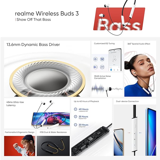 Realme Buds Wireless 3 – In-Ear Bluetooth Headphones | 30dB ANC, Spatial Audio, 13.6mm Bass Driver, 40H Playback, Fast Charging, 45ms Low Latency, Dual Device Pairing – Vitality White